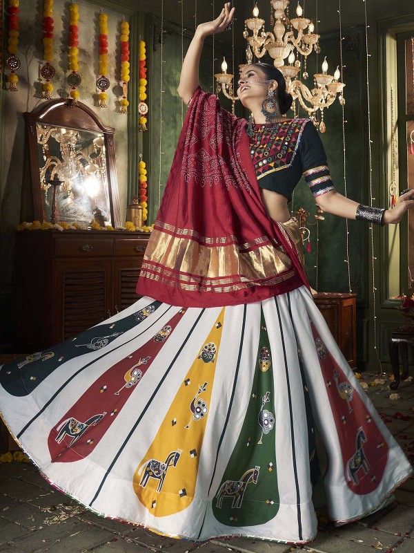 White Maslin Cotton Readymade Navratri Lehenga Choli